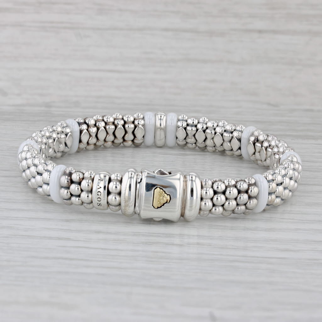 Gray Lagos Caviar Diamond Ceramic Single Station Bracelet Sterling Silver 18k Gold