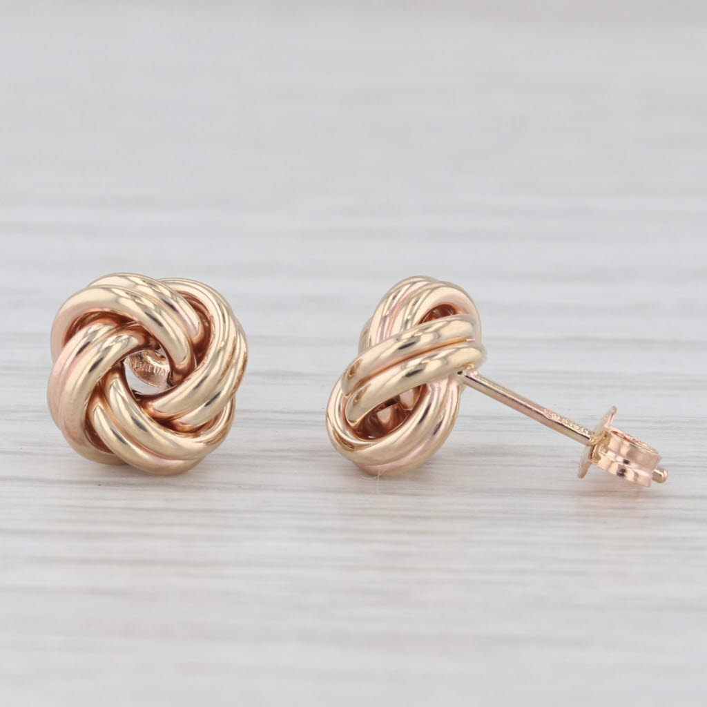 Light Gray Love Knot Stud Earrings 14k Rose Gold Small Round Studs