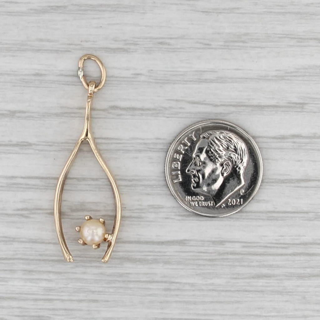 Vintage Natural Pearl Wishbone Pendant 14k Yellow Gold Good Luck Charm