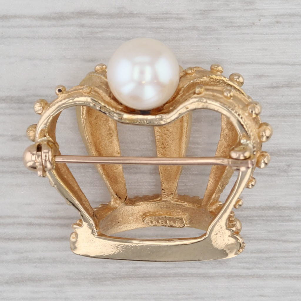 Gray Cultured Pearl Crown Brooch 14k Yellow Gold Statement Pin