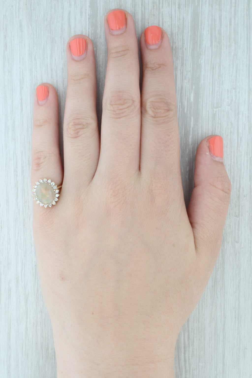 Oval Opal Cabochon Diamond Halo Ring 14k Yellow Gold Size 6.75
