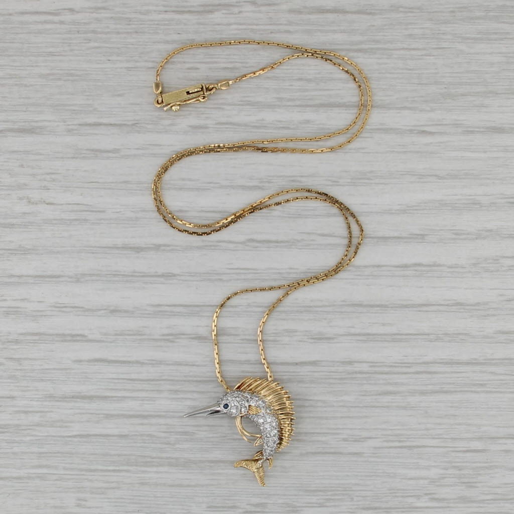 0.36ctw Diamond Sapphire Swordfish Pendant Necklace 18k Gold Platinum 16"