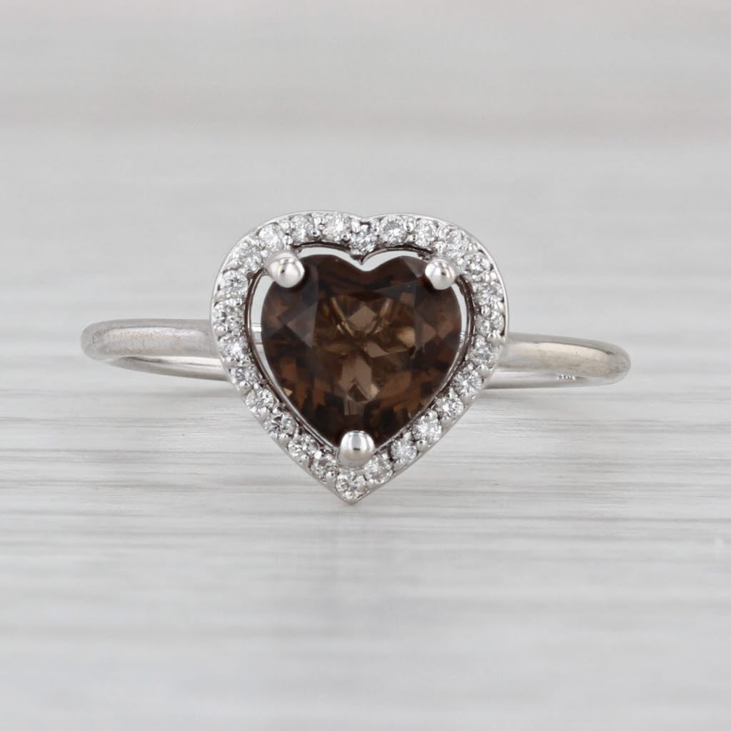 1.10ctw Smoky Quartz Heart Diamond Halo Ring 14k White Gold Size 7