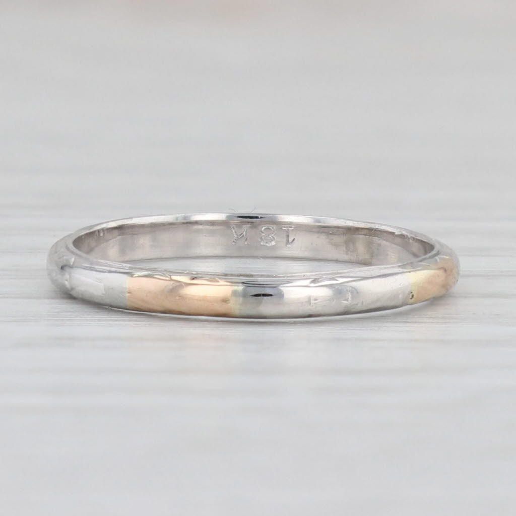 Light Gray Art Deco Etched 2-Toned Band 18k White Yellow Gold Wedding Stackable Ring