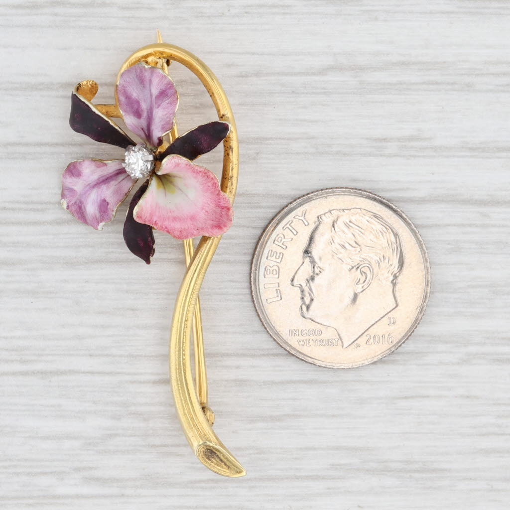 Light Gray Vintage 0.10ct Diamond Enamel Flower Brooch 14k Yellow Gold Floral Bar Pin