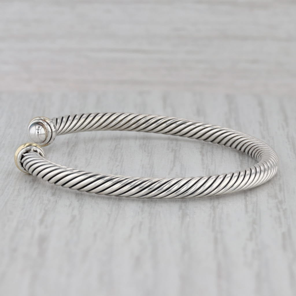 Gray David Yurman Classic Cable Cuff Bracelet Sterling Silver 18k Gold 6.75" 4mm
