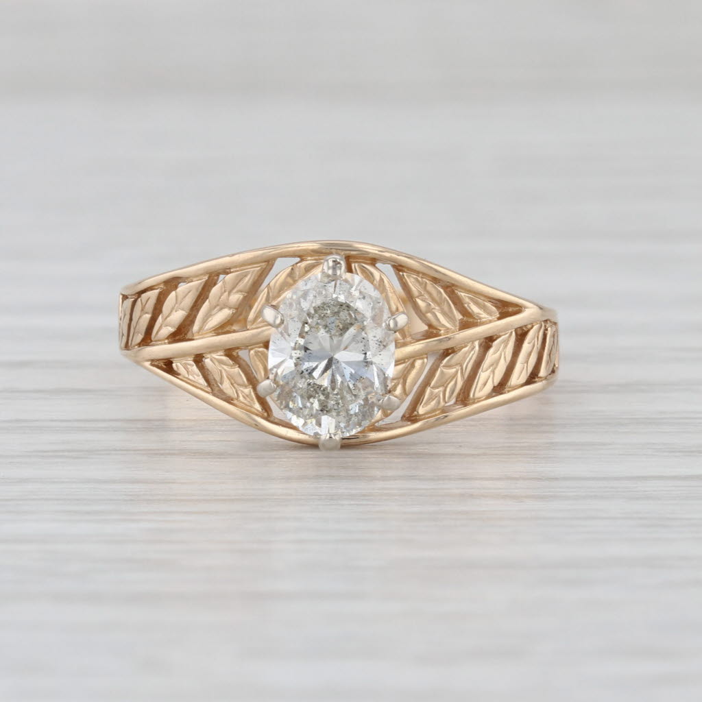 1.10ct Oval Diamond Solitaire Engagement Ring 14k Yellow Gold Size 8.5 Leaf Band