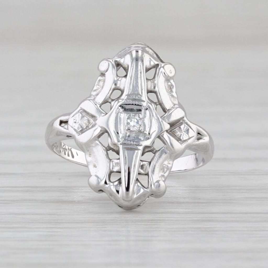 Vintage Diamond Solitaire Ring 14k White Gold Small Size 3