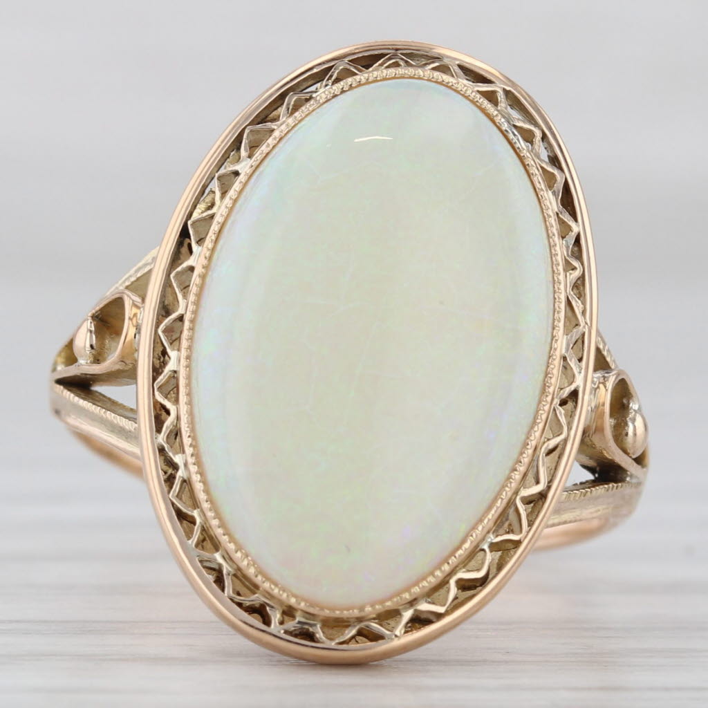 Vintage Oval Opal Cabochon Filigree Ring 18k Yellow Gold Size 8 AS IS