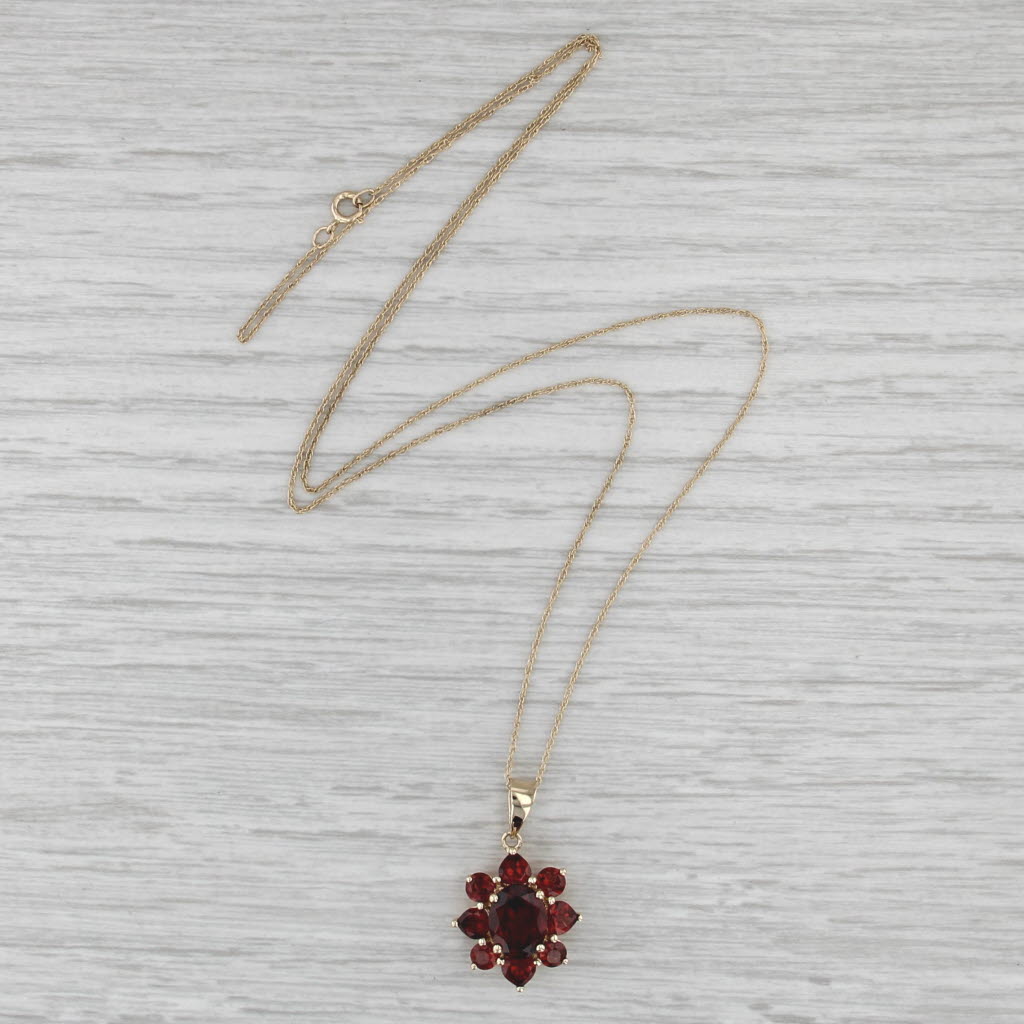 4.35ctw Garnet Flower Pendant Necklace 14k Yellow Gold 19" Rope Chain