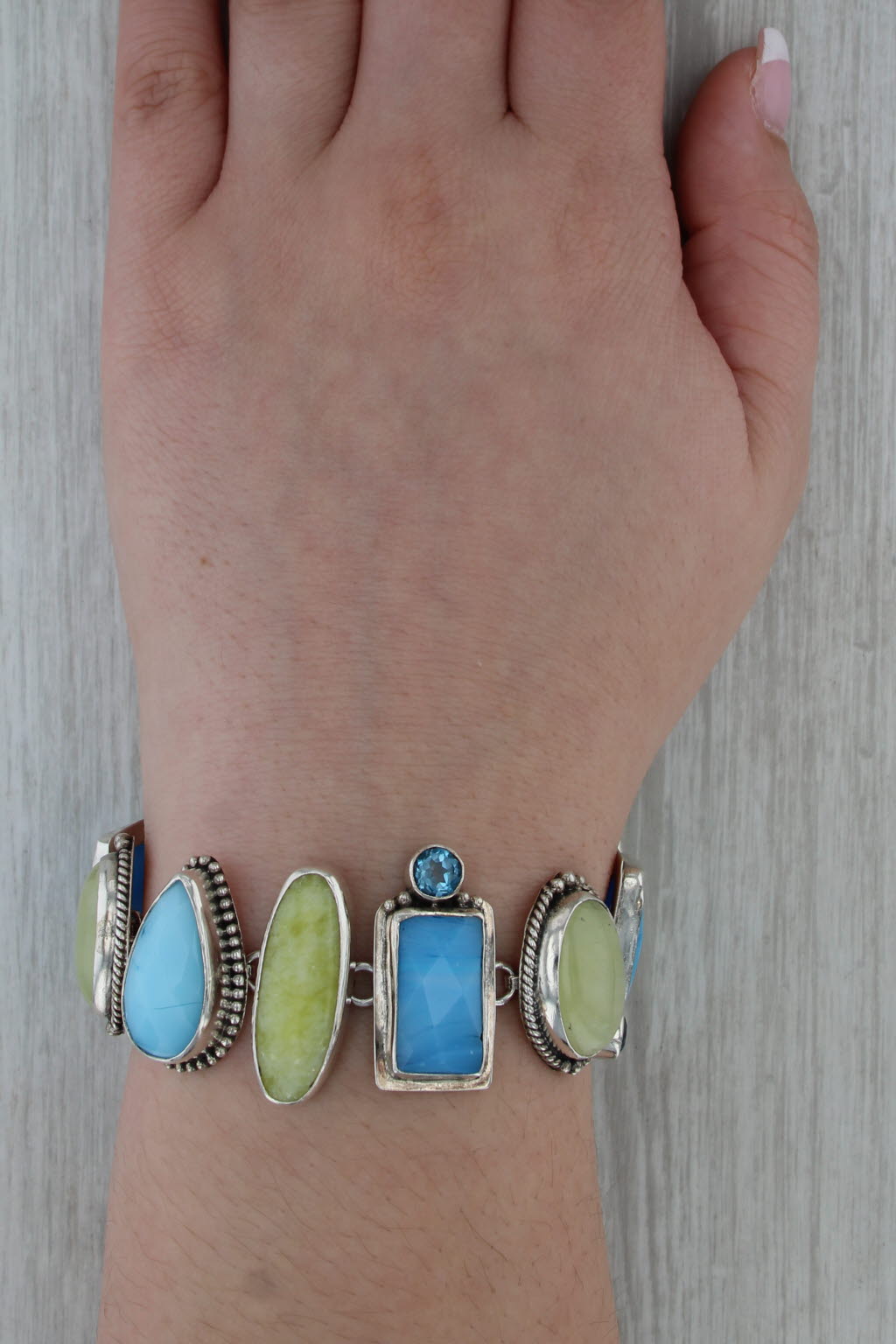 The Dreamers Topaz Prehnite Glass Statement Bracelet Sterling Silver Toggle 7"