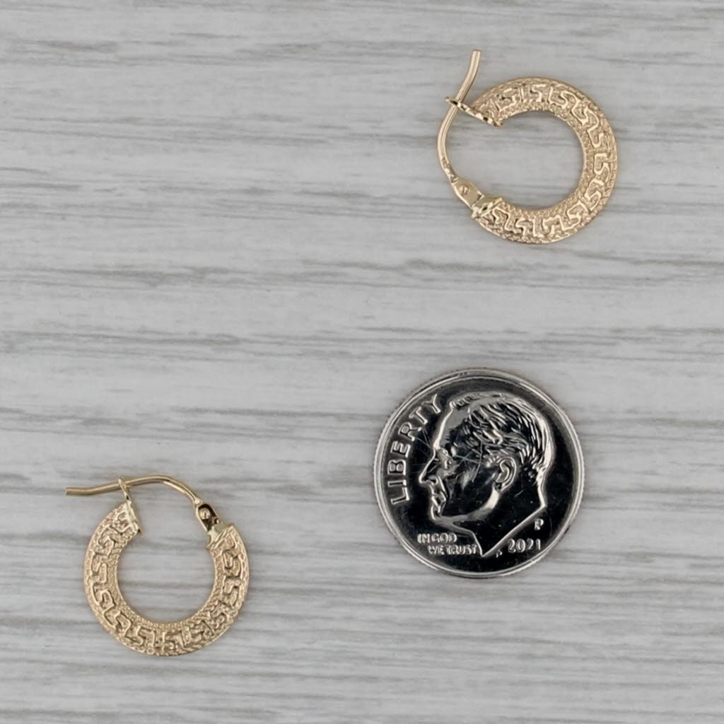 Small Greek Key Hoop Huggie Earrings 18k Yellow Gold Snap Top Round Hoops