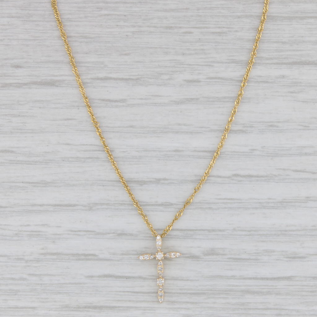 Gray Small Diamond Cross Pendant Necklace 14k Yellow Gold 17.75" Rope Chain