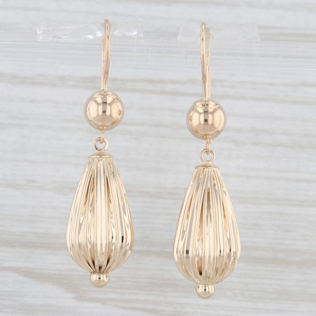 Light Gray Beveled Teardrop Dangle Earrings 14k Yellow Gold Hook Posts