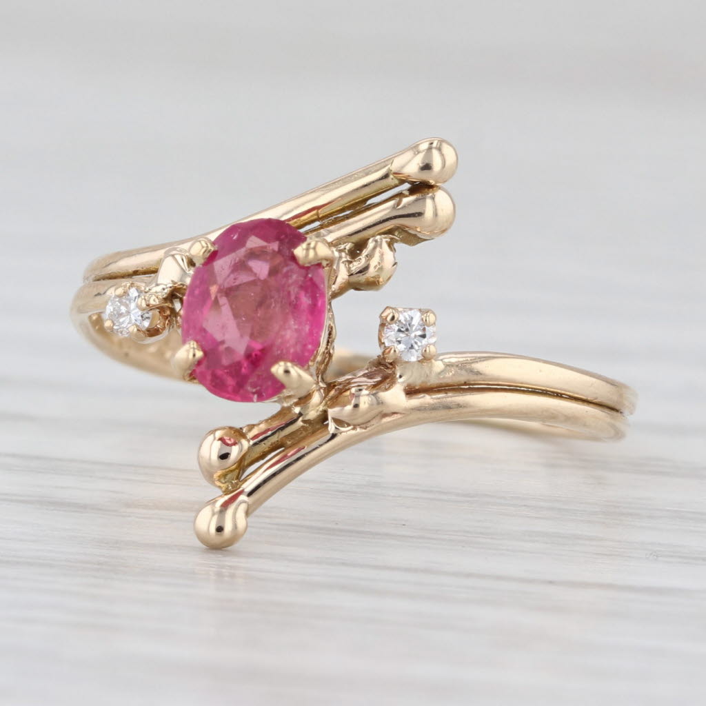 0.70ct Pink Tourmaline Diamond Ring 14k Yellow Gold Bypass Size 8.25