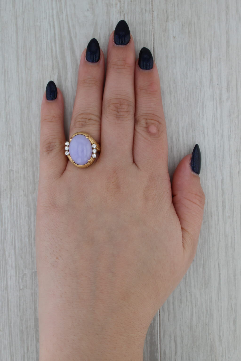 Purple Jadeite Jade Diamond Bypass Ring Brushed 14k Yellow Gold Sz 6.5 Cocktail