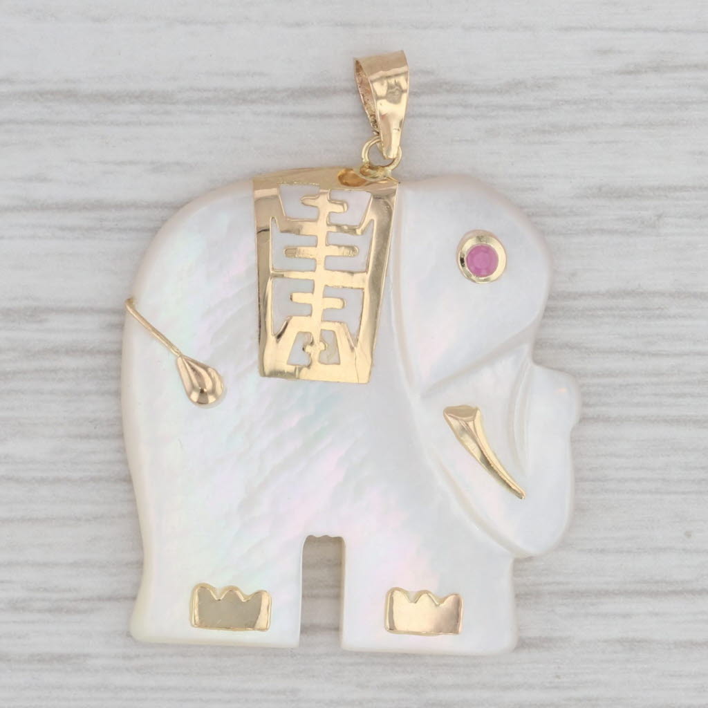 Light Gray Mother of Pearl Elephant Pendant 14k Yellow Gold Chinese Calligraphy Good Luck