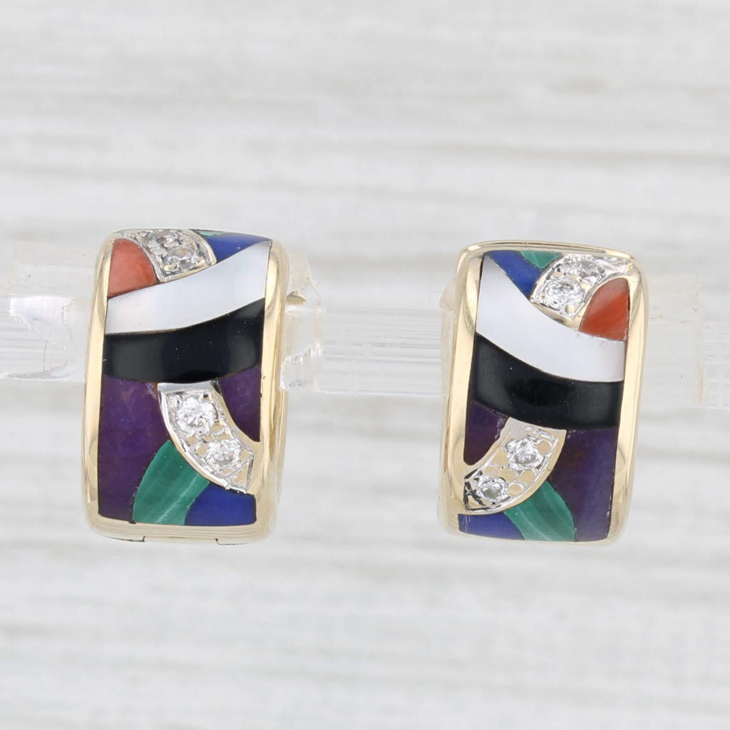 Light Gray Asch Groosbardt Diamond Stone Mosaic Huggie Hoop Earrings 14k Gold