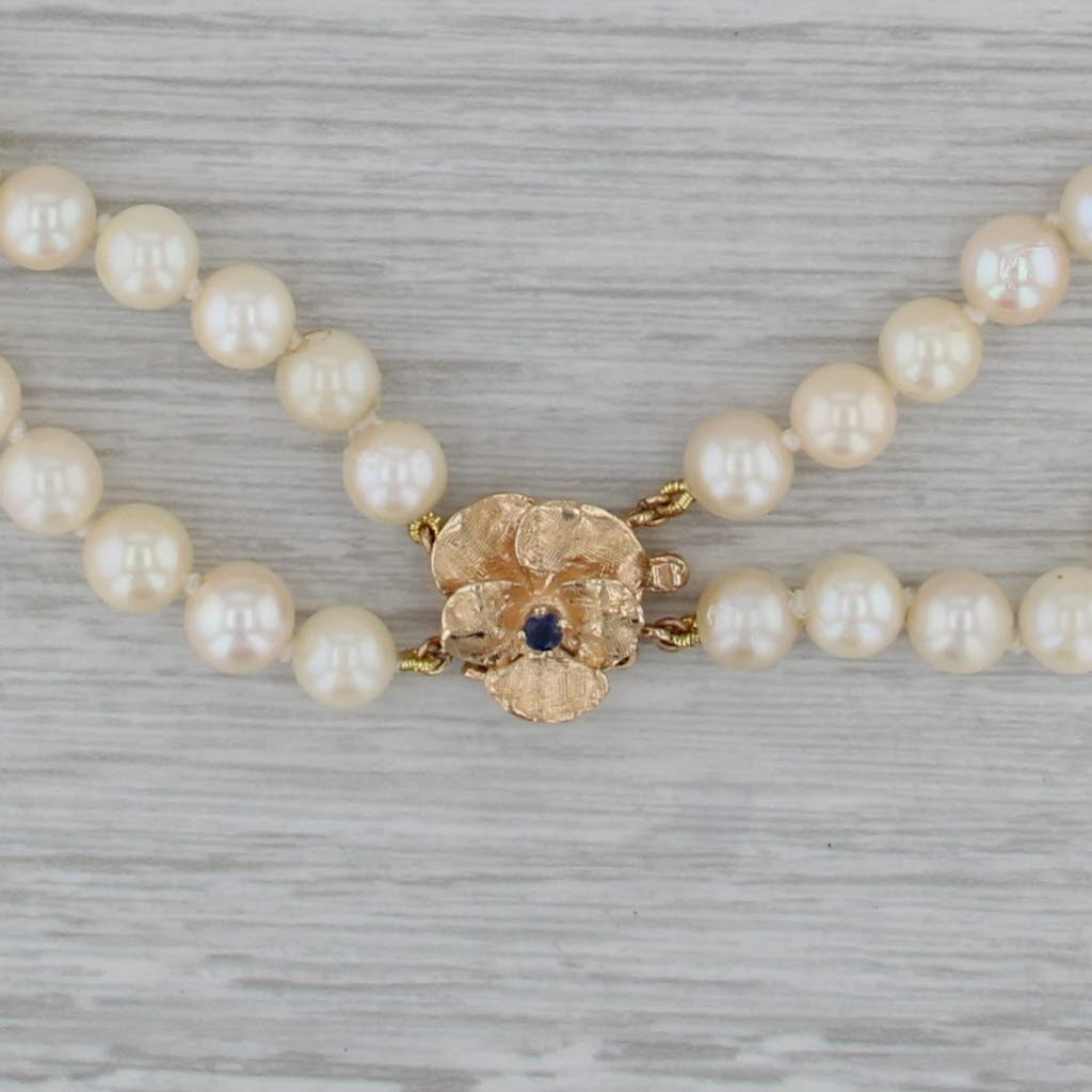 Vintage Cultured Pearl Bead Necklace Sapphire Flower Clasp 14k Gold 2 Strand