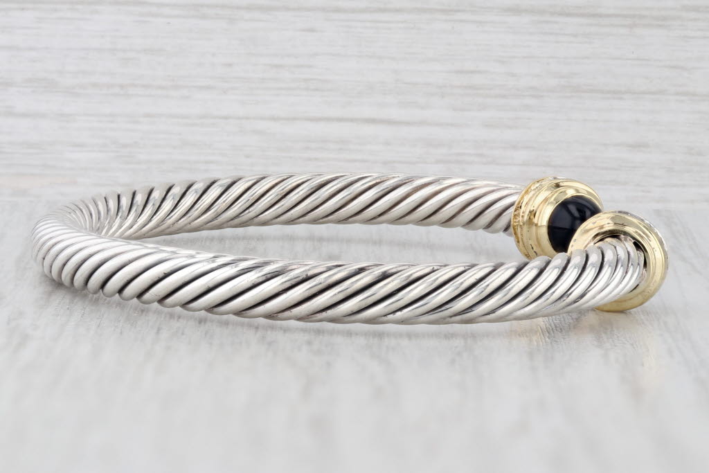Light Gray David Yurman Onyx Diamond Cuff Bracelet Sterling Silver 18k Gold 6.5" 5mm