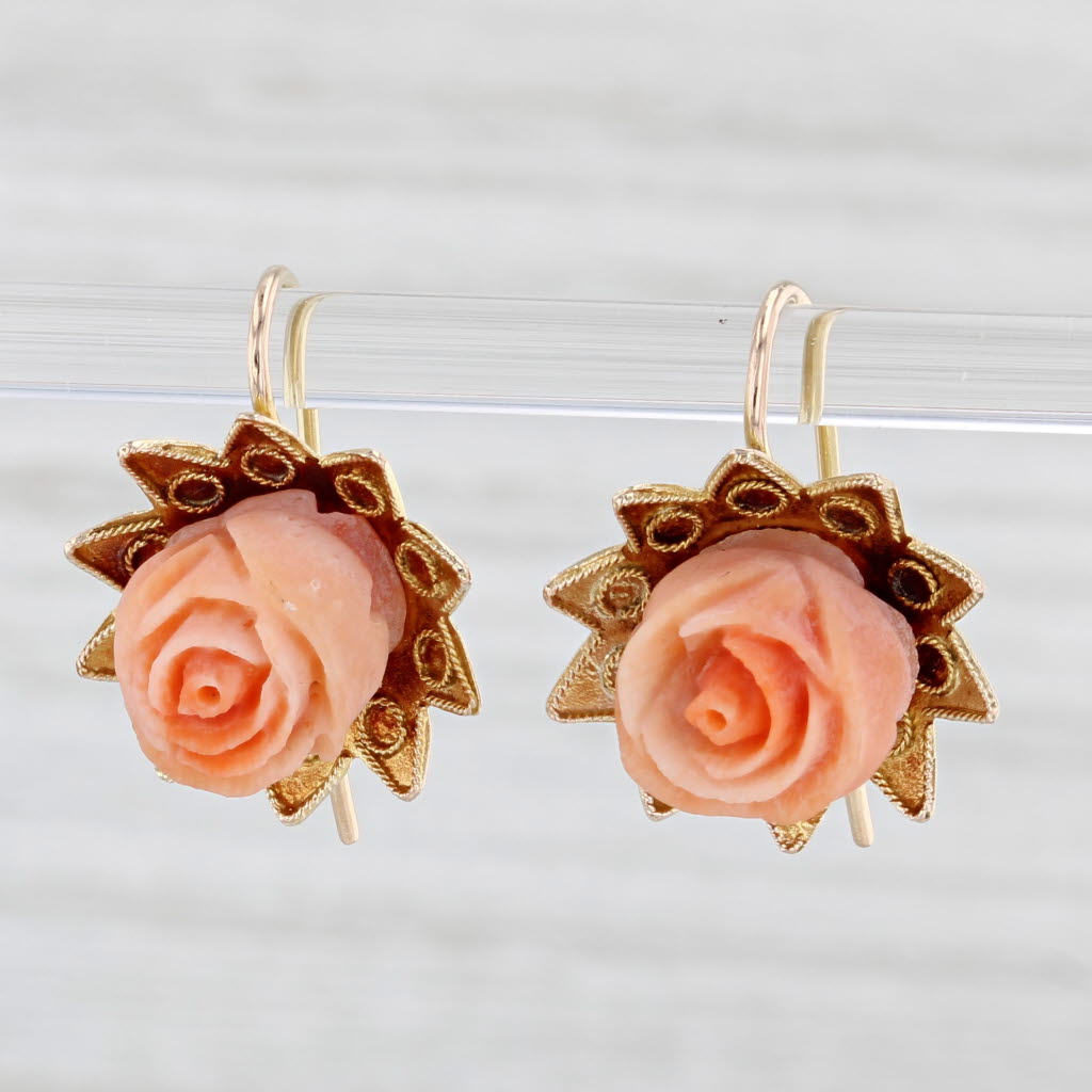 Light Gray Antique Carved Coral Rose Flower Earrings 10k Yellow Gold Drops