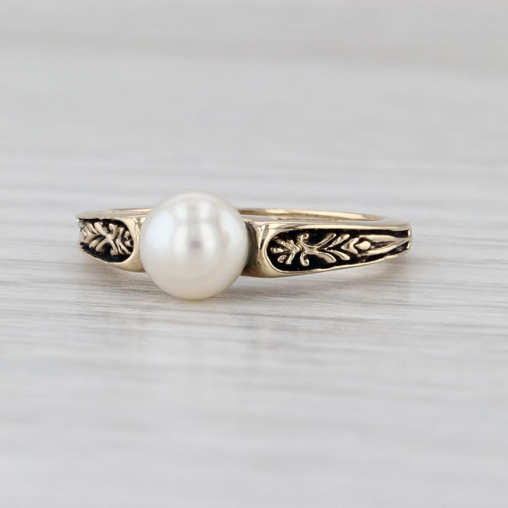 Cultured Pearl Solitaire Floral Engraved Ring Yellow Gold Size 5.5