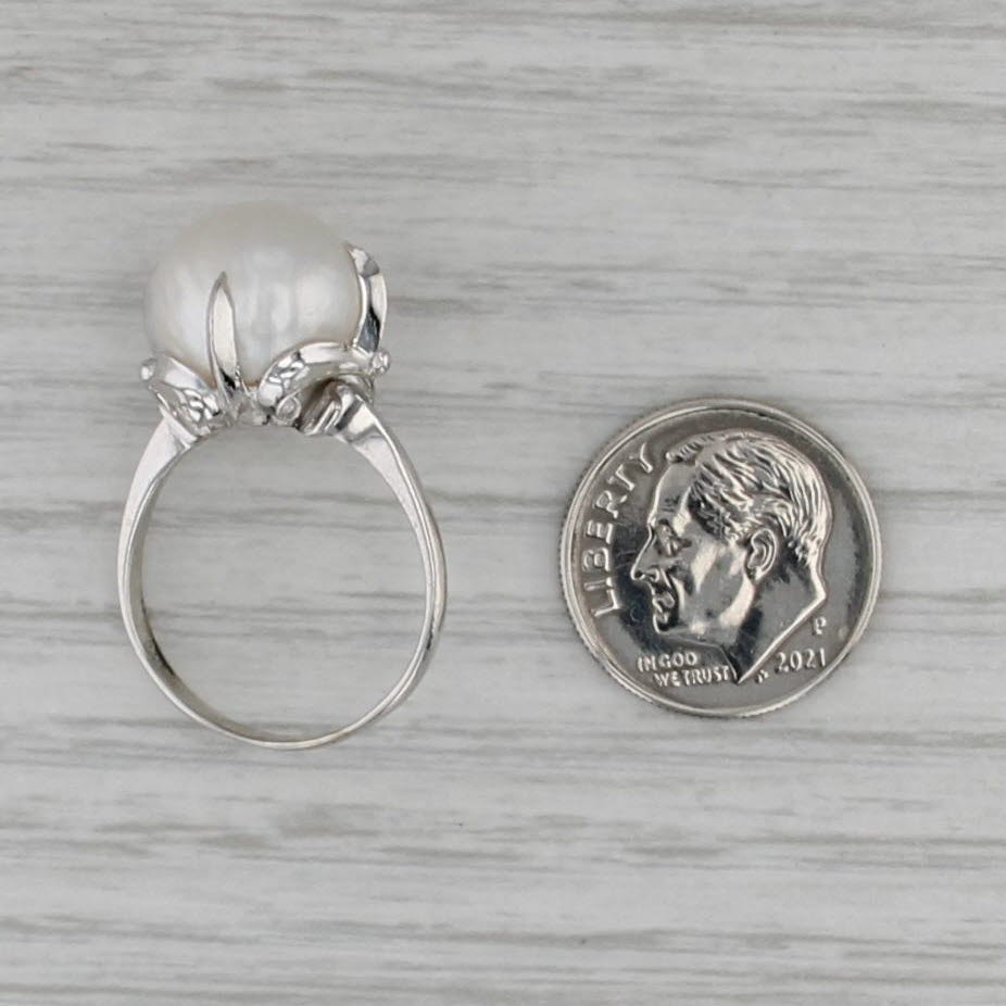 12mm Cultured Pearl Solitaire Ring 14k White Gold Size 6.75 Ornate Setting