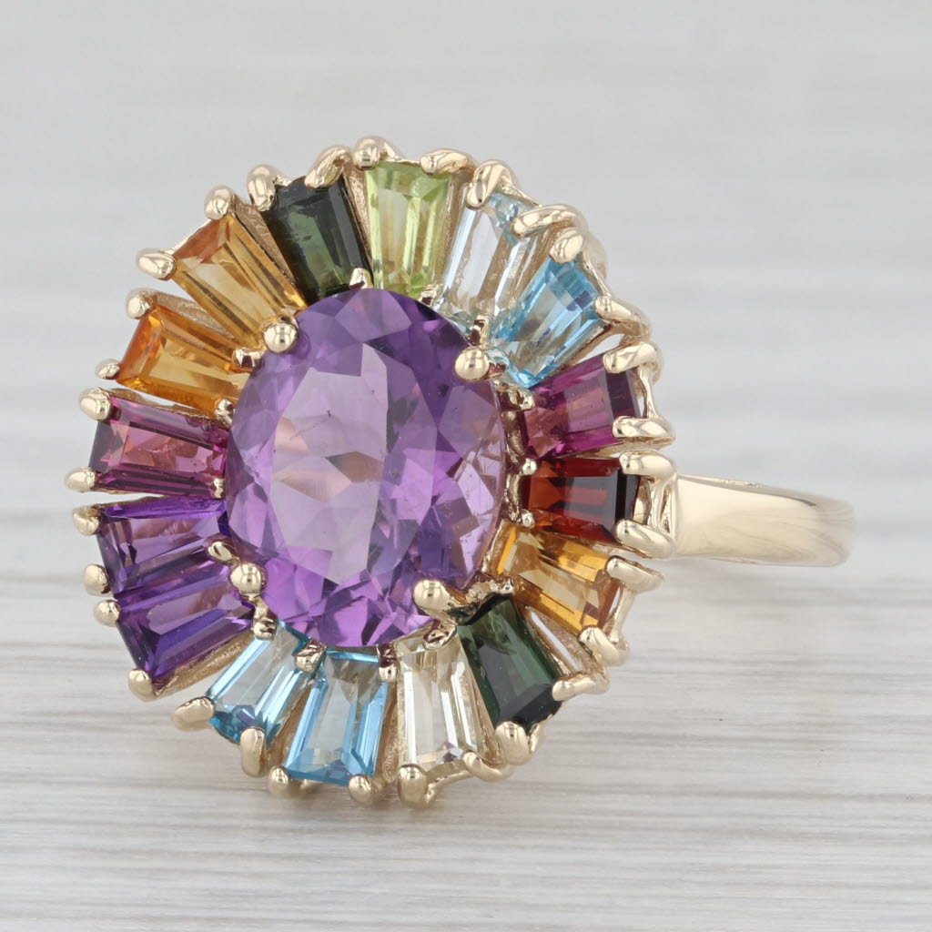 Light Gray Amethyst Multi Stone Rainbow Halo 10k Yellow Gold Size 8 Ring Cocktail
