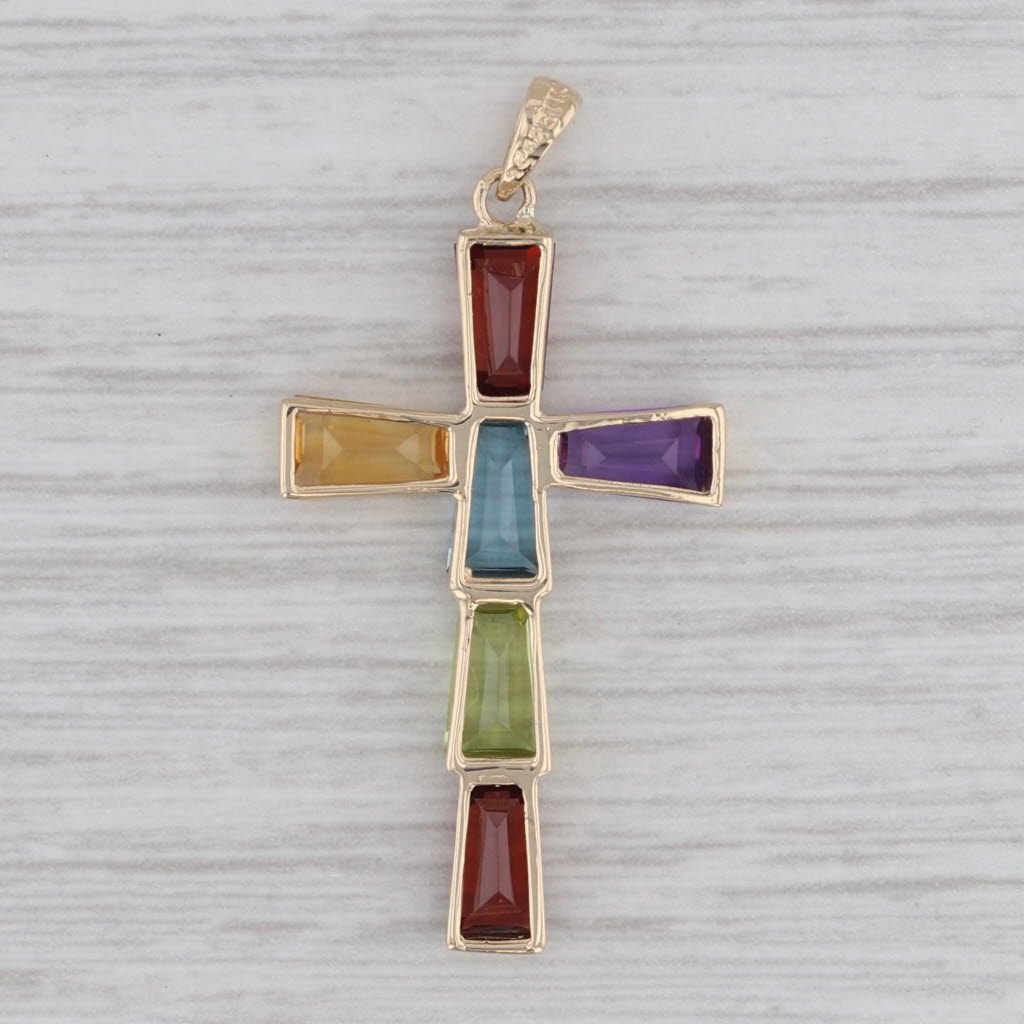 Gray 2.55ctw Gemstone Cross Pendant 14k Gold Garnet Amethyst Citrine Topaz Peridot