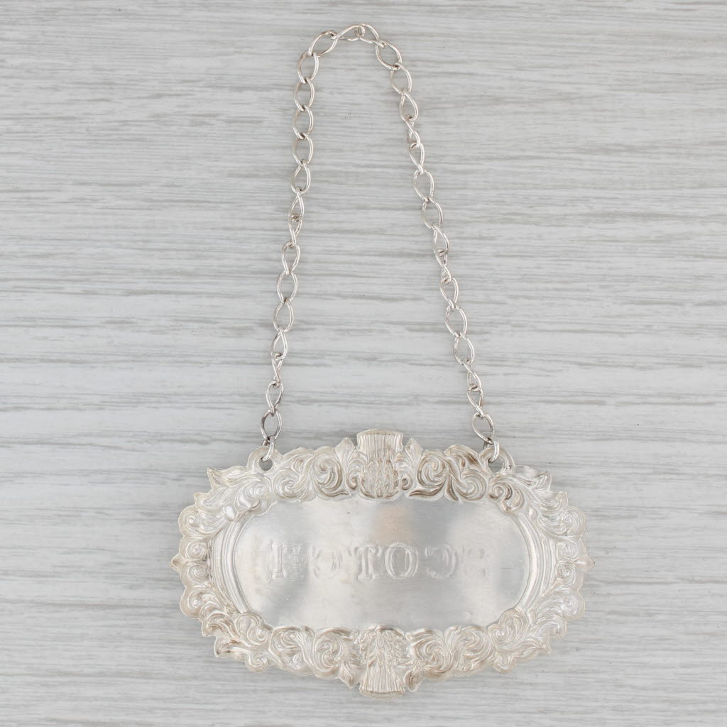 Gray Vintage Scotch Decanter Bottle Tag Charm British Sterling Silver Barware Ornate