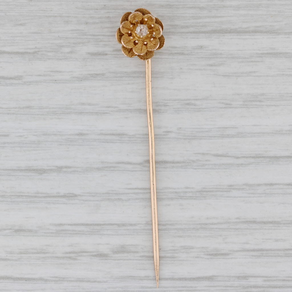Gray Vintage Diamond Flower Stickpin 14k Yellow Gold Floral Jewelry