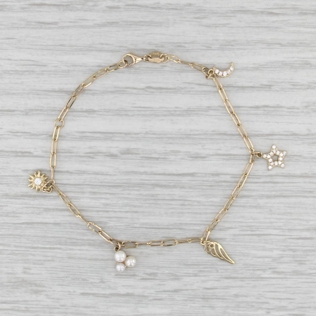Cubic Zirconia Cultured Pearl Sun Moon Star Wing Charm Bracelet 14k Gold 6.75"