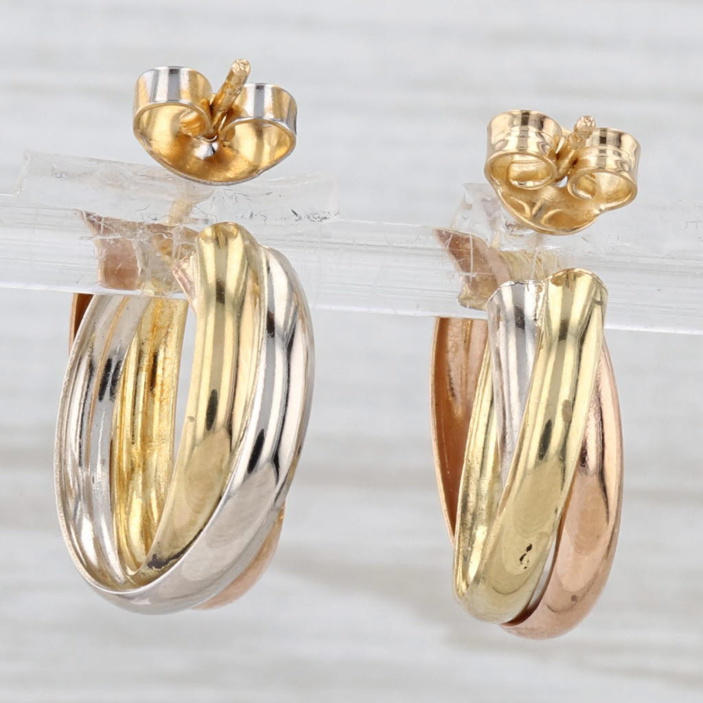Light Gray Tri-Toned Woven Hoop Earrings 18k Yellow White Rose Gold 18.2mm