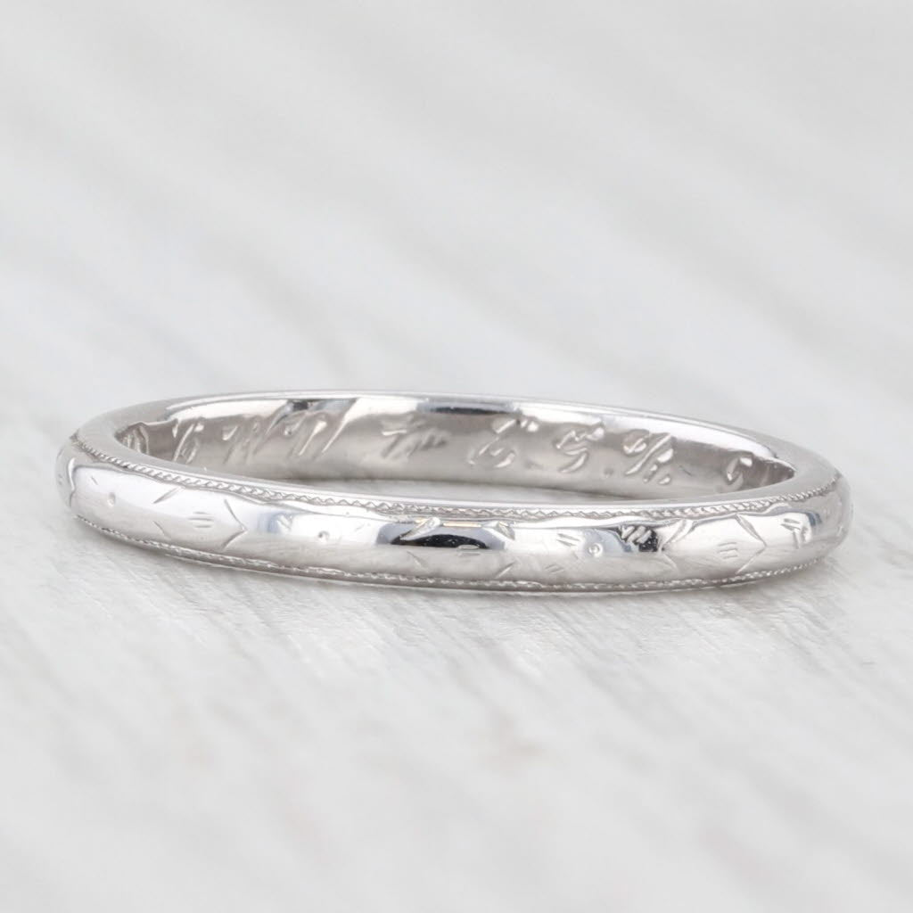 Light Gray Antique Floral Engraved Wedding Band 18k White Gold Ring Stakable Size 5