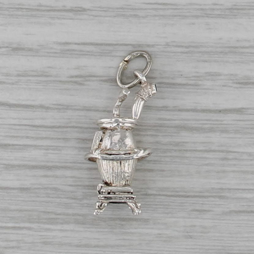 Vintage Old Timey Heater Stove Charm Sterling Silver 3D Pendant