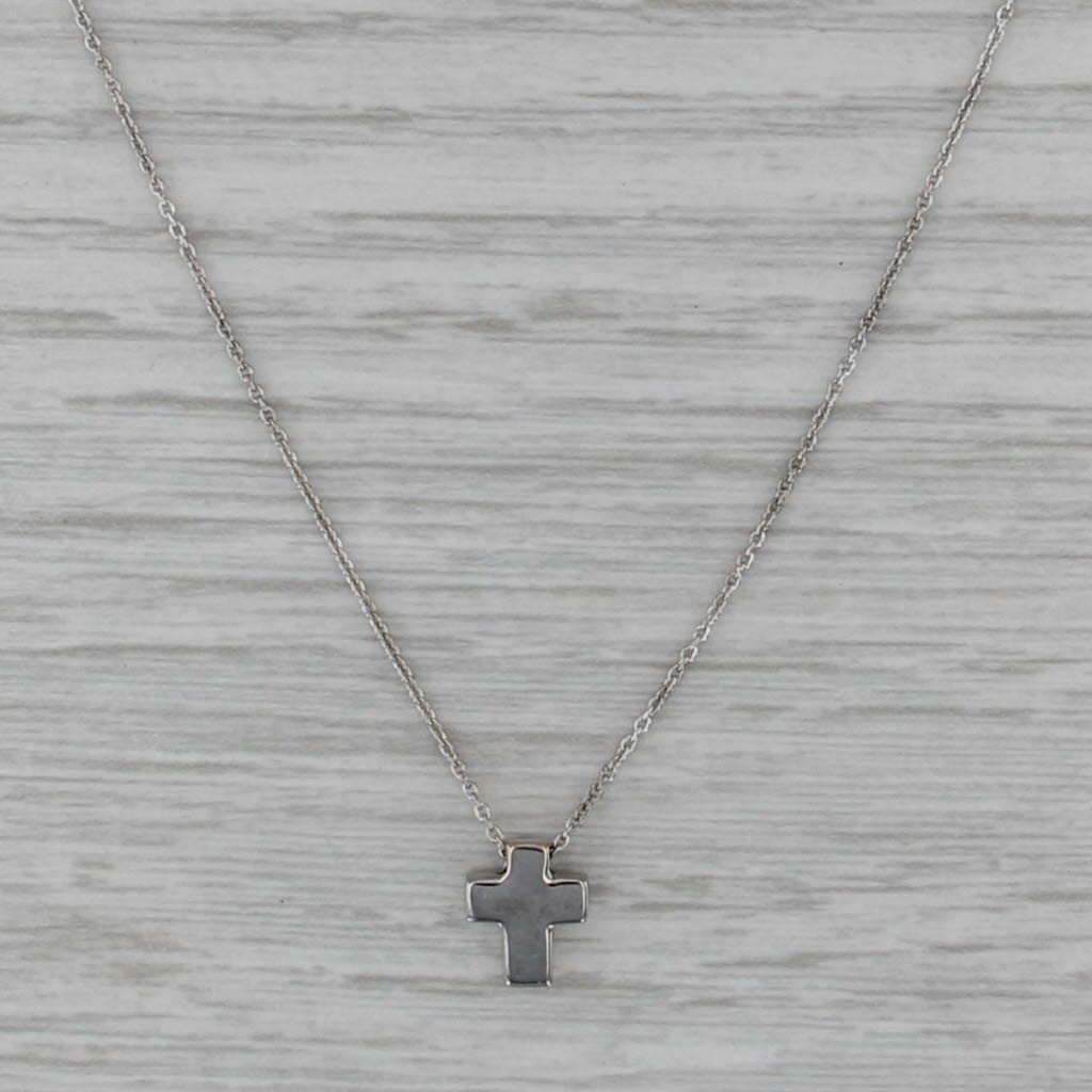 0.12ctw Diamond Small Cross Pendant Necklace 18k White Gold 16.25" Rope Chain