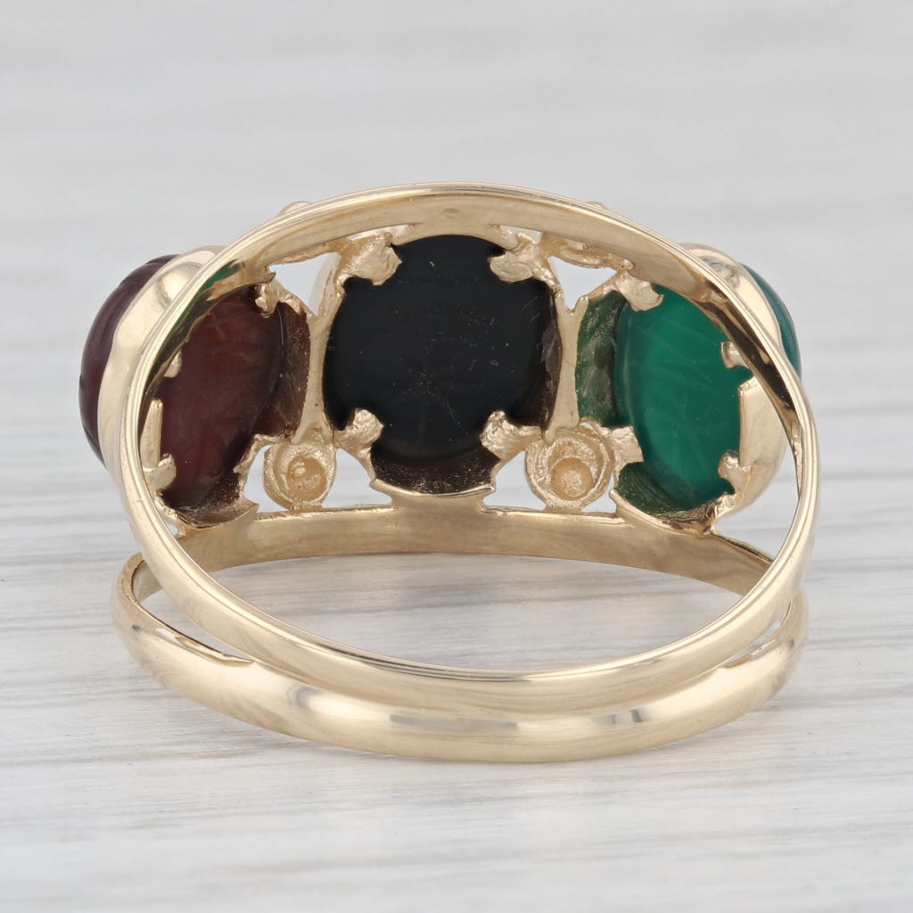 Light Gray Vintage 3 Stone Oval Scarab Chalcedony 14k Yellow Gold Size 10 Ring