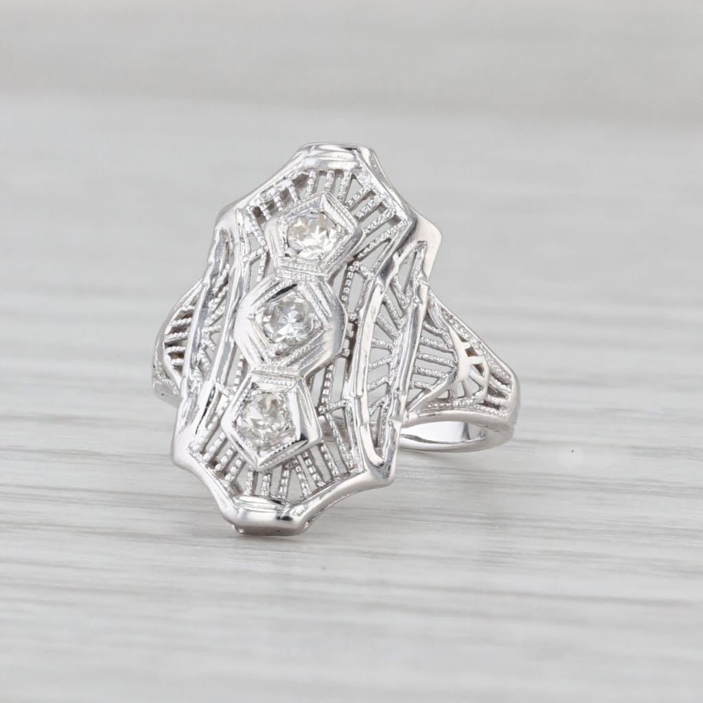 Vintage Diamond 3-Stone Filigree Ring 14k White Gold Small Size 1.25