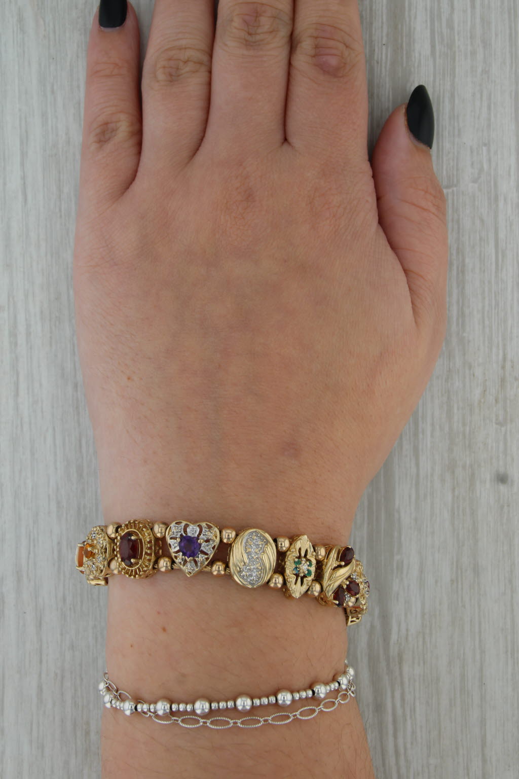 OMG Richard Klein Vintage Slide Charm Bracelet Gemstone Cameo 6.75" 14k 10k Gold