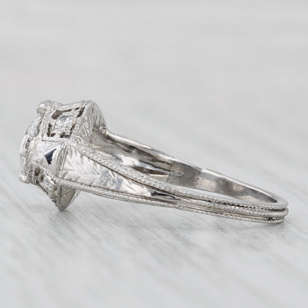 Light Gray Art Deco 0.85ctw Round Diamond Engagement Ring Platinum Size 6.25 GIA