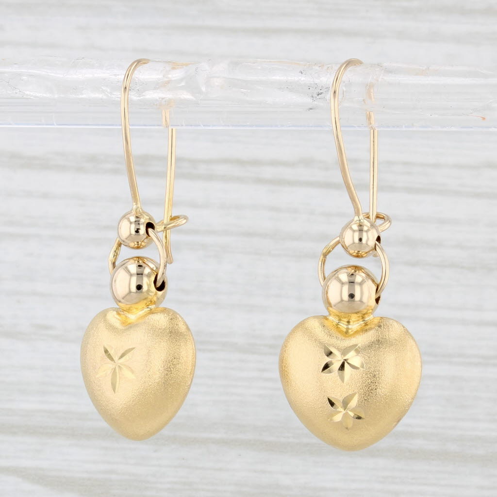 Light Gray Brushed Floral Heart Dangle Earrings 14k Yellow Gold Pierced Drops
