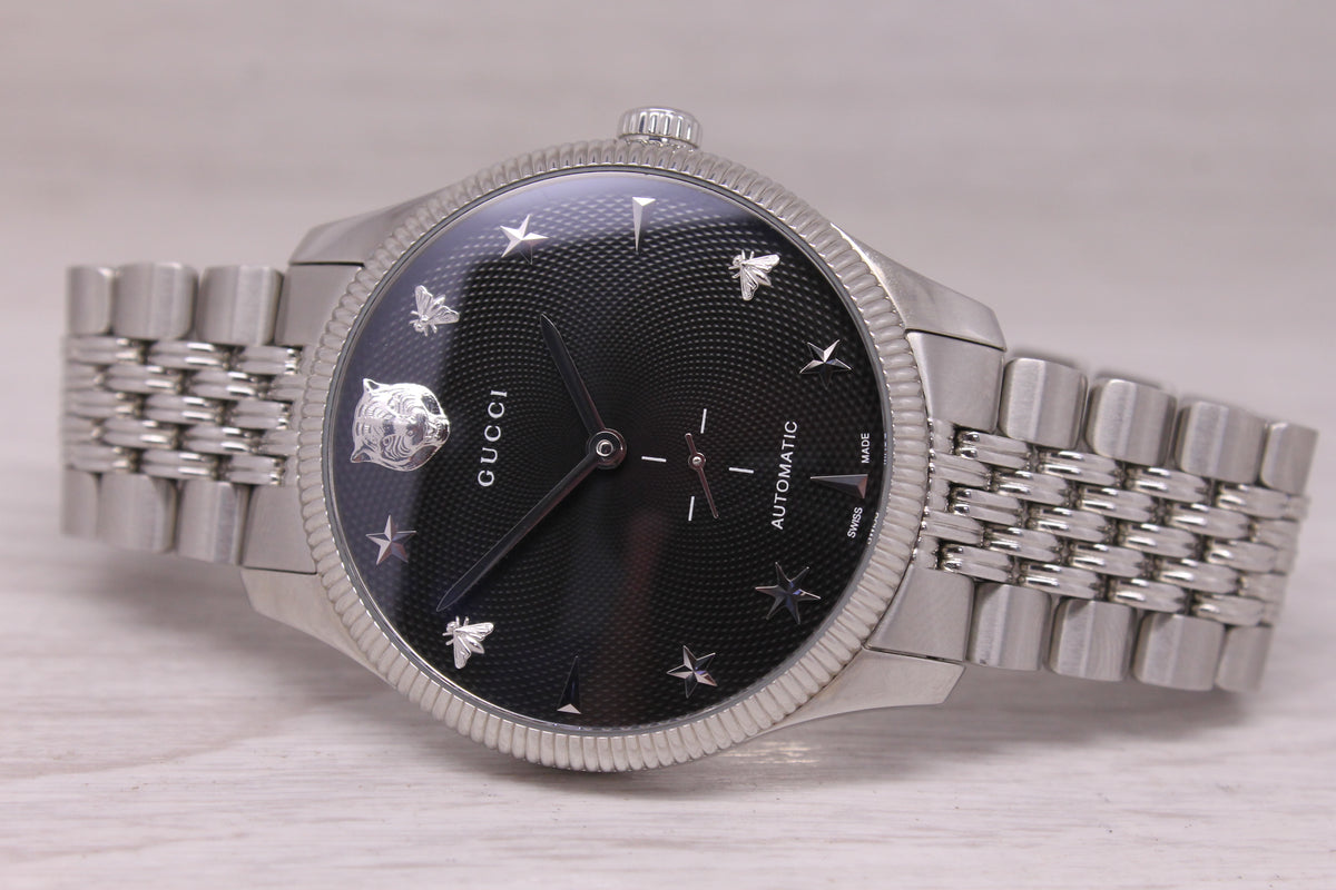 Gucci G-Timeless 40mm Steel Automatic Watch YA126353 Black Waffle Dial Box Set