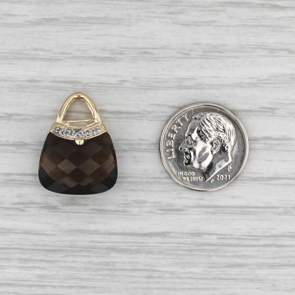 Smoky Quartz Diamond Purse Pendant 14k Yellow Gold Charm