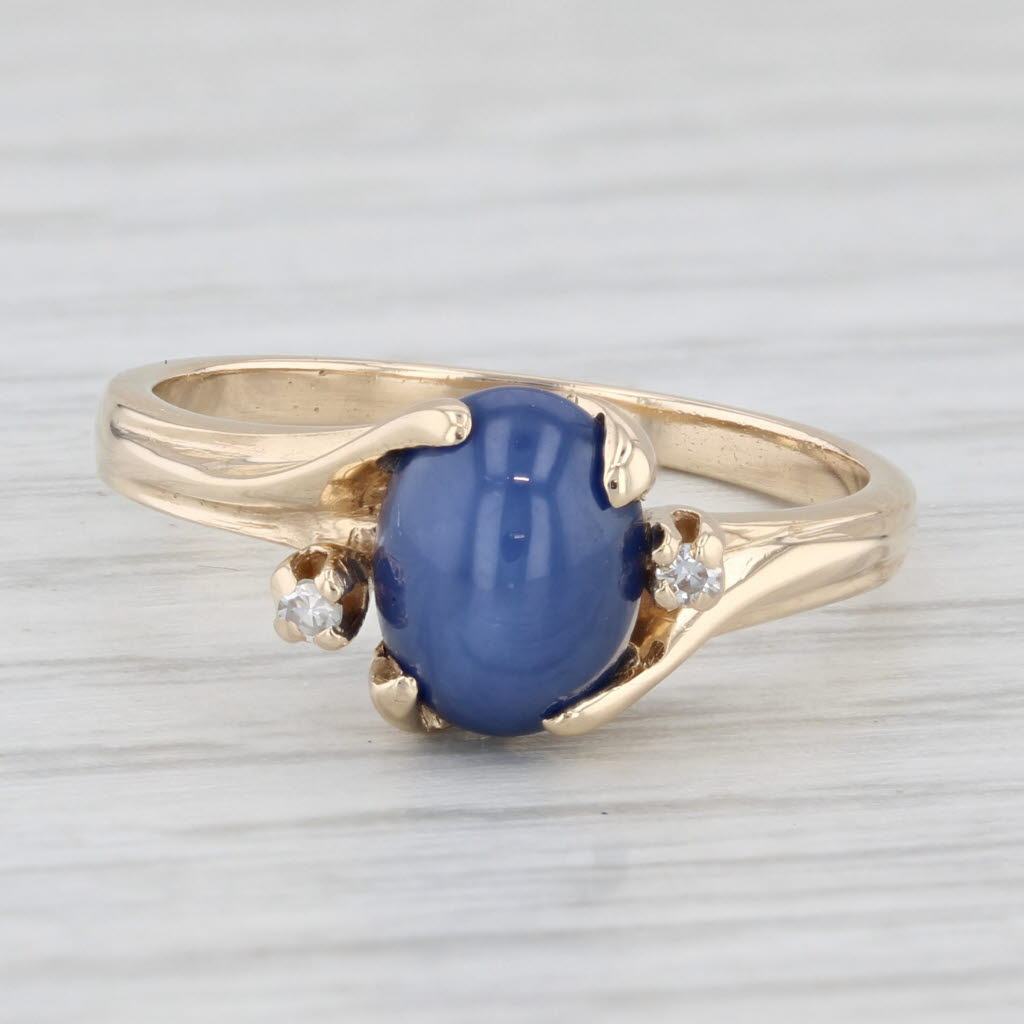 Light Gray Lab Created Star Sapphire Diamond Bypass Ring 14k Yellow Gold Sz 6 Oval Cabochon
