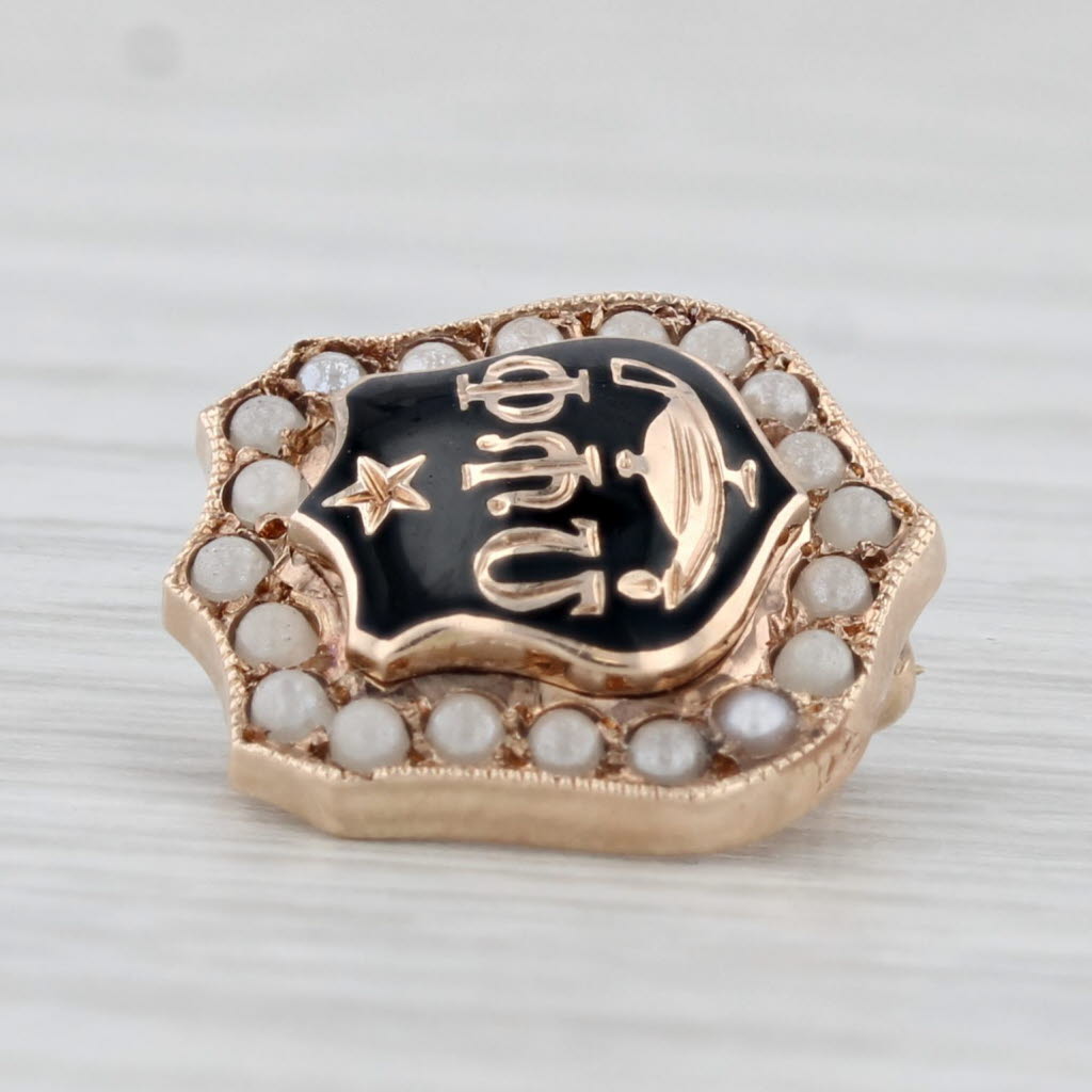 Light Gray Omega Psi Phi Shield Badge 10k Gold Pearl Vintage Fraternity Pin