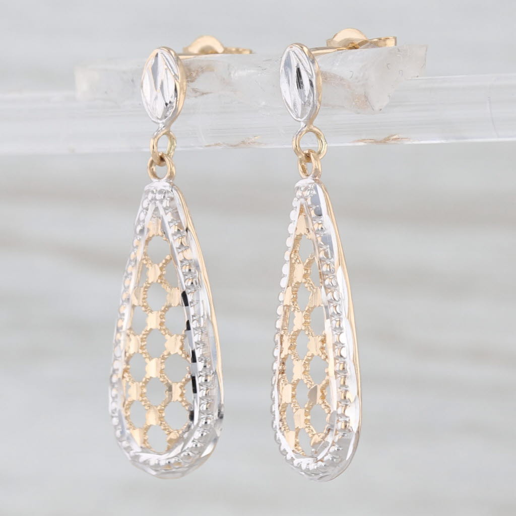 Lattice Work Teardrop Dangle Earrings 14k White Yellow Gold Drops