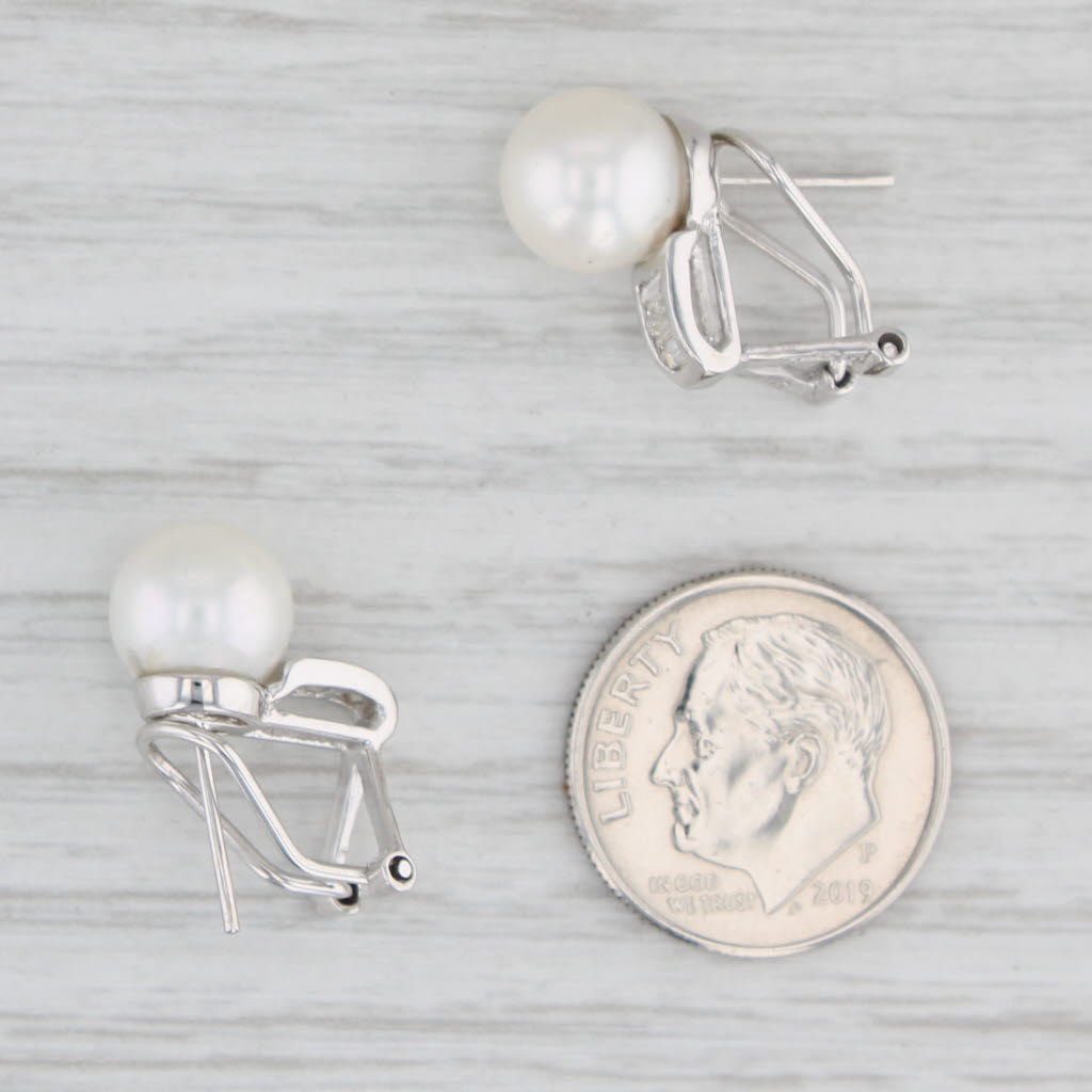 Light Gray Cultured Saltwater Pearl Diamond Earrings 14k White Gold Pierced Omega Backs