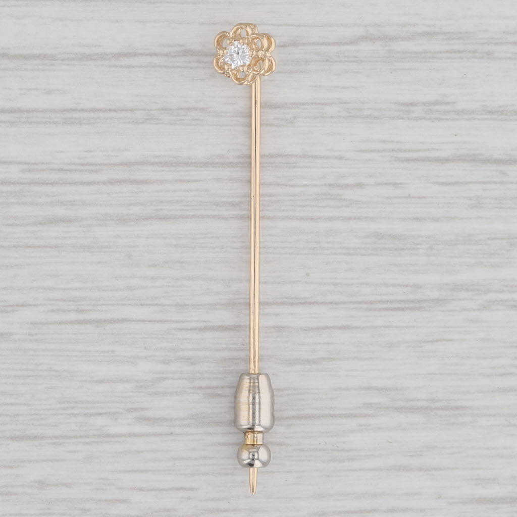 Light Gray Vintage Diamond Solitaire Flower Stickpin 14k Yellow Gold