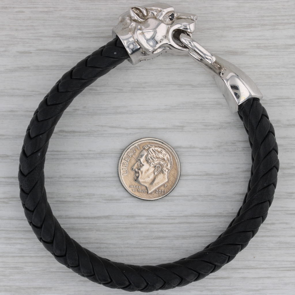 Dark Gray New Effy Black Spinel Panther Bracelet Sterling Silver Woven Black Leather 7.5"