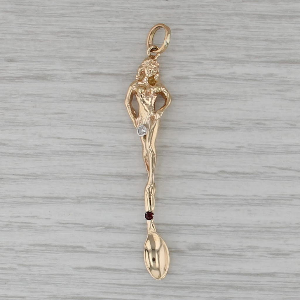 Art Nouveau Statue Lady on Spoon Pendant 14k Gold Diamond Garnet